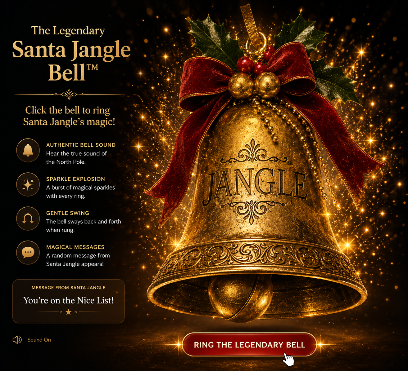 The Legendary Santa Jangle Bell with gold sparkles and red ribbon